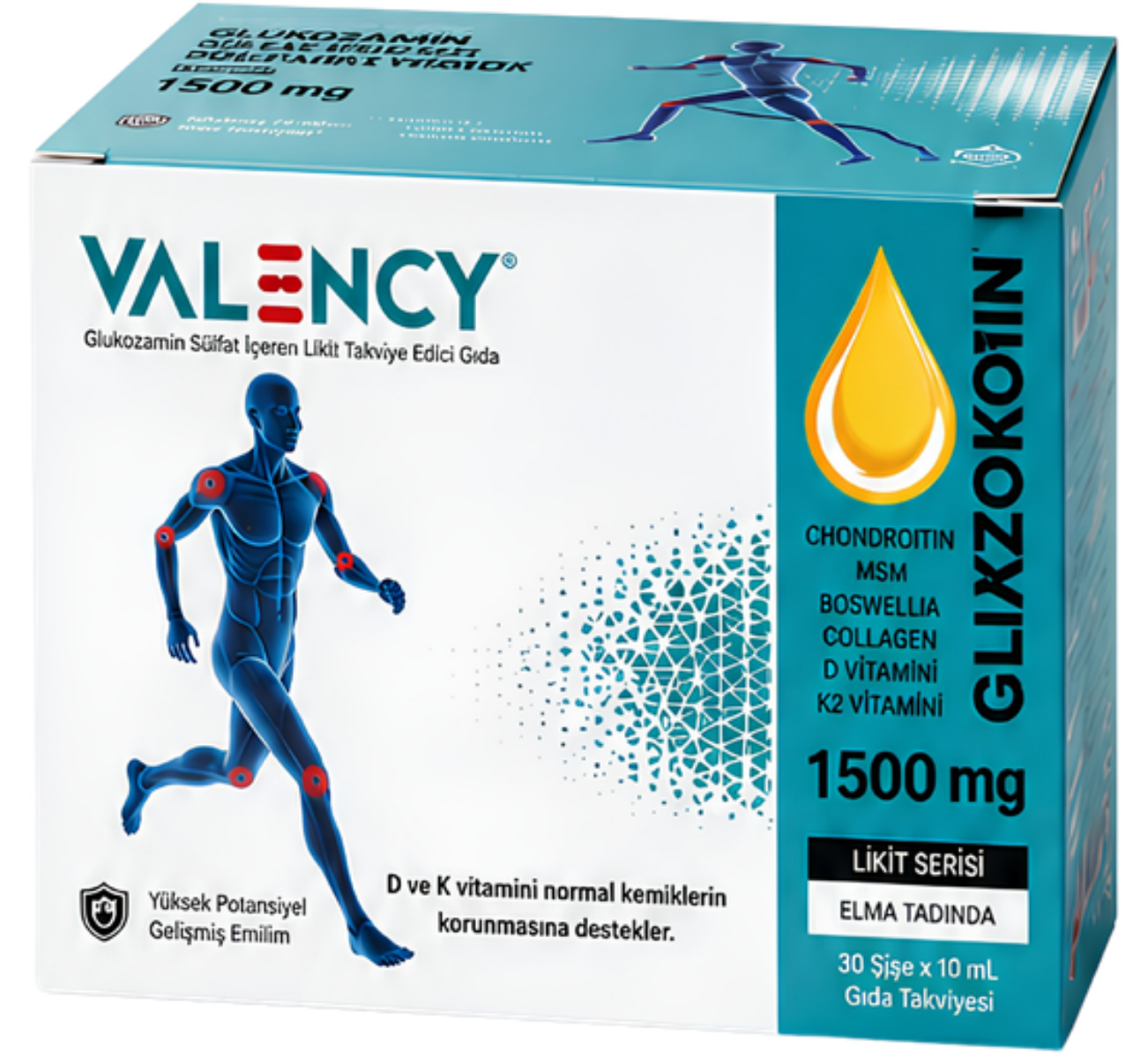 Valency Eklem Sağlığı; 1500 mg glukozamin sülfat içeren, elma tadında, 30 şişe x 10 ml likit takviye kutusu